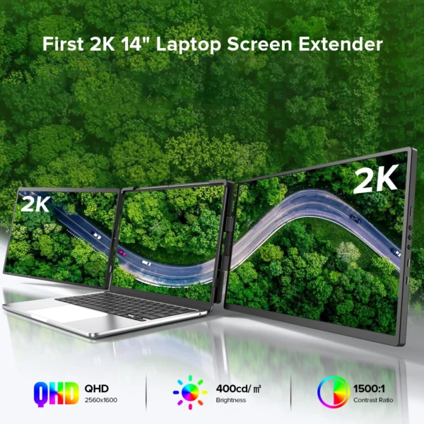 Monitor Extensor Portátil EVICIV 2K 14" com Giro Automático e Conexão USB-C/HDMI – Tela Tripla QHD 1440p - Imagem 2