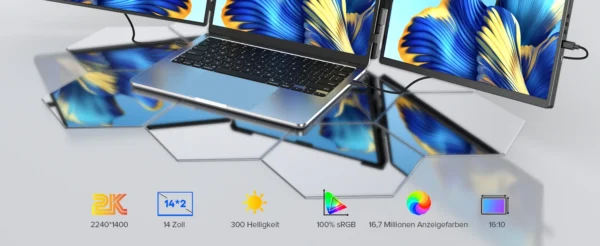 Monitor Extensor Portátil EVICIV 2K 14" com Giro Automático e Conexão USB-C/HDMI – Tela Tripla QHD 1440p - Imagem 8