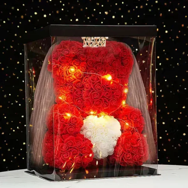 Urso de Rosas com Luz 25cm + Caixa Presente – Presente Romântico para Namorada, Aniversário, Casamento ou Dia das Mães - Imagem 13