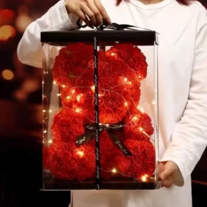 Urso de Rosas com Luz 25cm + Caixa Presente – Presente Romântico para Namorada, Aniversário, Casamento ou Dia das Mães